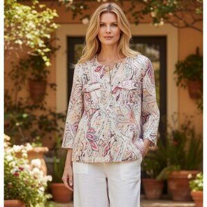 NWT Chicos 100% Linen Sz Large 2 White Pink Paisley Blazer Zip 3/4 Sleeve Mature